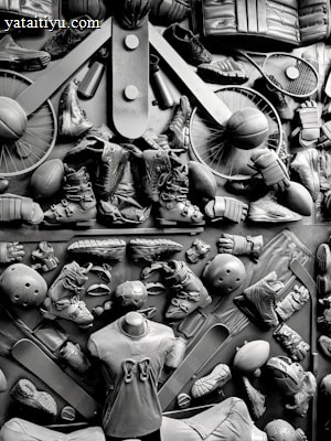 A complex arrangement of various sports equipment and attire, including tennis rackets, soccer balls, basketballs, helmets, shoes, gloves, and a mannequin torso wearing a T-shirt. The items are layered and artistically displayed in a monochrome color scheme, creating an intricate texture and visual pattern.